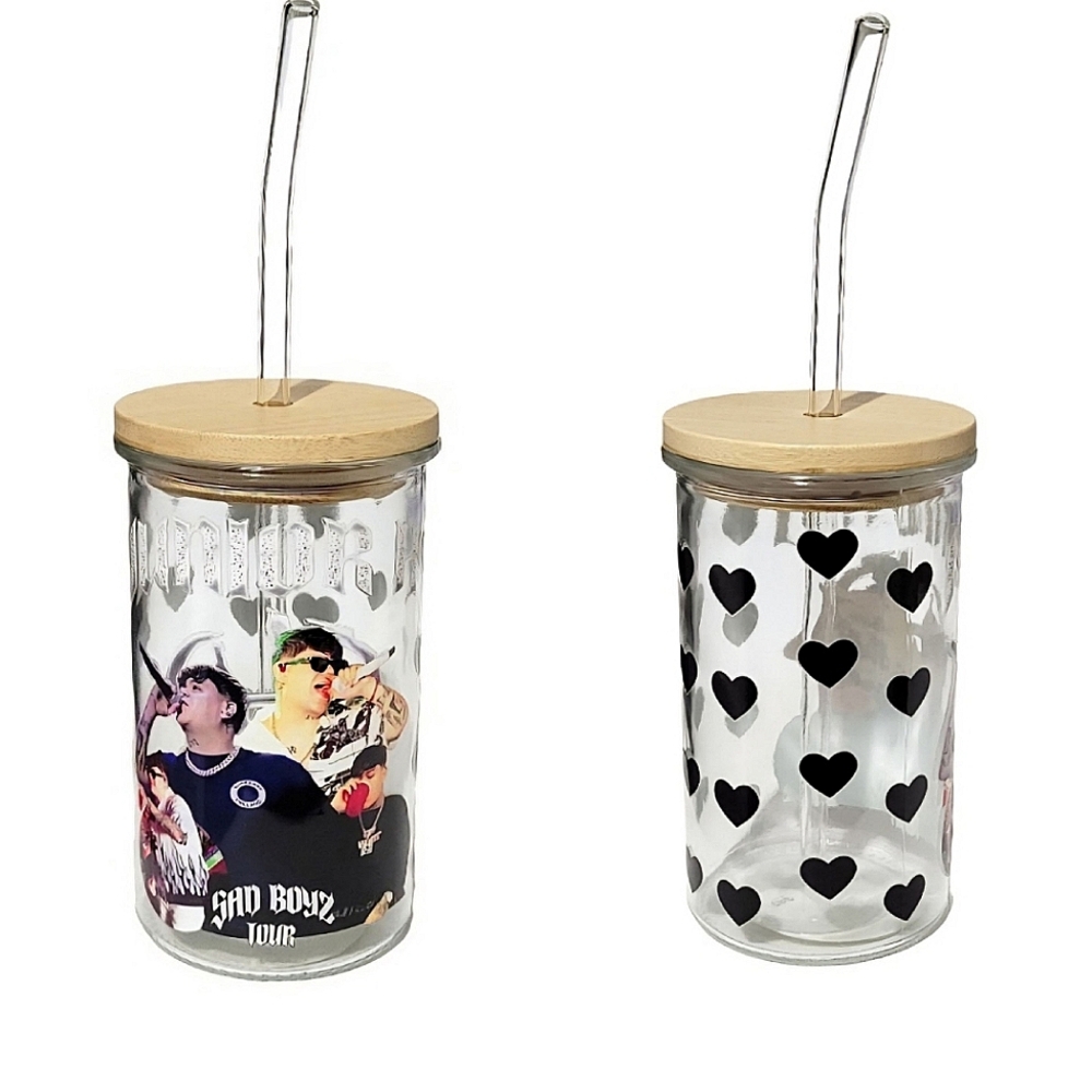 Junior H Custom Glass Tumbler Cup 16oz Black Hearts Mexican